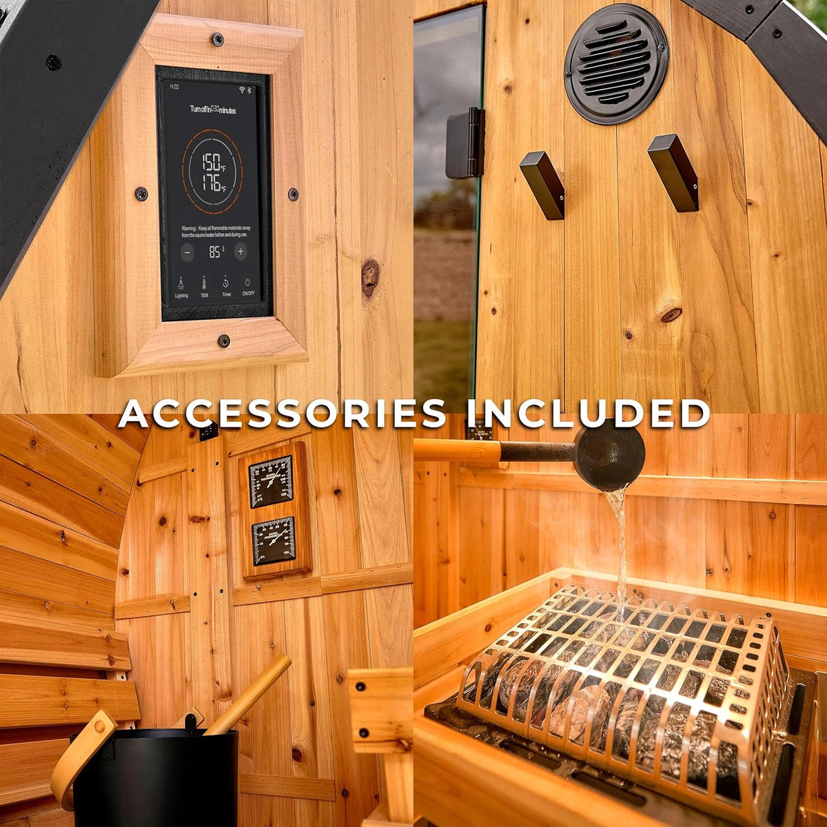 Backyard Discovery Lennon 4-6 Person Traditional Cedar Outdoor Cube Sauna with Porch, Electric Sauna Heater, Sauna Rocks, Dry Heat, Steam Sauna, LED Lights, Wi-Fi Control, Sauna Accessories — product view 9