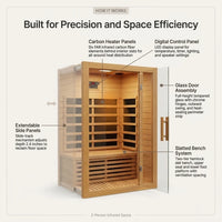 2 Person Extendable FAR Infrared Sauna for Home, Hemlock Wood Low EMF 6 Carbon Heaters Indoor Saunas with LED Lights, Bluetooth Speaker, Digital Control Panel, and Seating Bench — product view 3