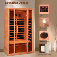 2 Person Extendable FAR Infrared Sauna for Home, Hemlock Wood Low EMF 6 Carbon Heaters Indoor Saunas with LED Lights, Bluetooth Speaker, Digital Control Panel, and Seating Bench — product view 6