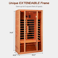 2 Person Extendable FAR Infrared Sauna for Home, Hemlock Wood Low EMF 6 Carbon Heaters Indoor Saunas with LED Lights, Bluetooth Speaker, Digital Control Panel, and Seating Bench — product view 8