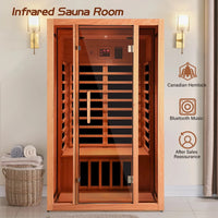 2 Person Extendable FAR Infrared Sauna for Home, Hemlock Wood Low EMF 6 Carbon Heaters Indoor Saunas with LED Lights, Bluetooth Speaker, Digital Control Panel, and Seating Bench — product view 9
