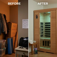 2 Person Extendable FAR Infrared Sauna for Home, Hemlock Wood Low EMF 6 Carbon Heaters Indoor Saunas with LED Lights, Bluetooth Speaker, Digital Control Panel, and Seating Bench — Before & After