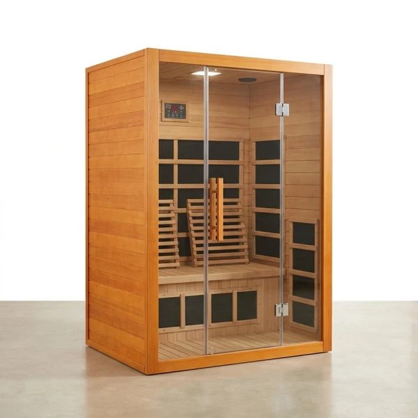 2 Person Extendable FAR Infrared Sauna for Home, Hemlock Wood Low EMF 6 Carbon Heaters Indoor Saunas with LED Lights, Bluetooth Speaker, Digital Control Panel, and Seating Bench — Studio Shot