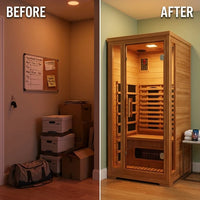 2 Person Extendable FAR Infrared Sauna for Home, Hemlock Wood Low EMF 6 Carbon Heaters Indoor Saunas with LED Lights, Bluetooth Speaker, Digital Control Panel, and Seating Bench — Before & After